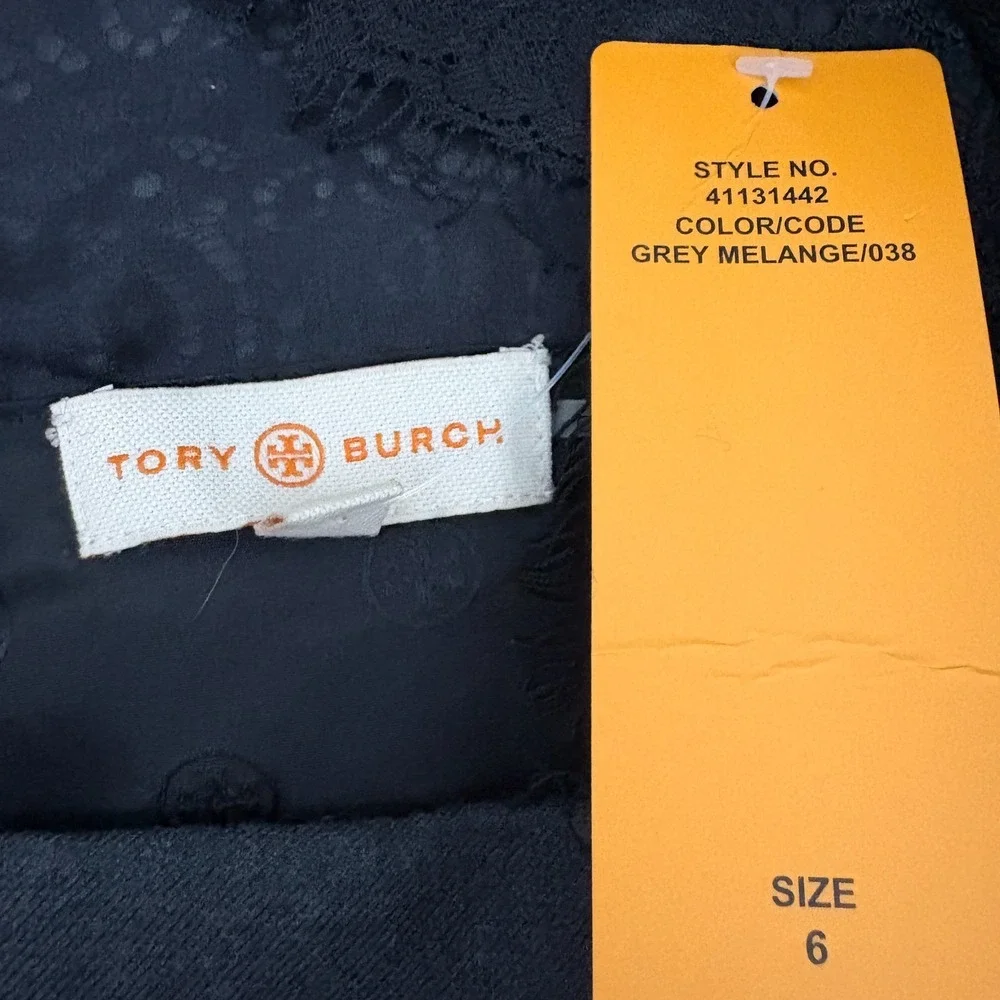 NWT Tory Burch Lainey Dress Size 6 Grey Melange Black Lace 3/4 Sleeve Wool Blend